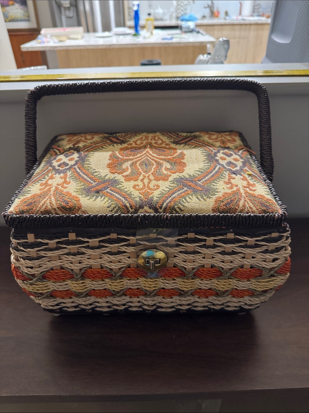 Vintage 1970s Woven Vinyl Faux Wicker Sewing Basket Floral Tapestry Top Tray